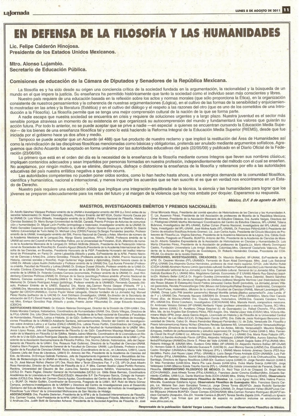 Desplegado en defensa de la filosofia y humandidades 8agosto2011